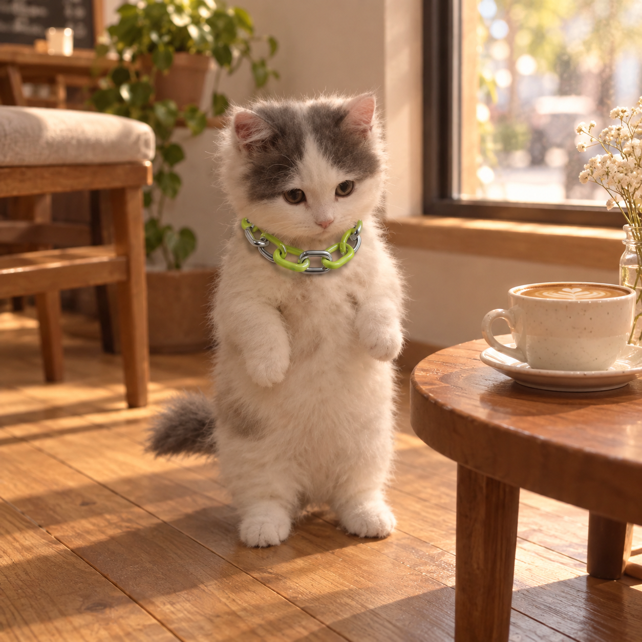 The kitten enjoying a quiet café morning