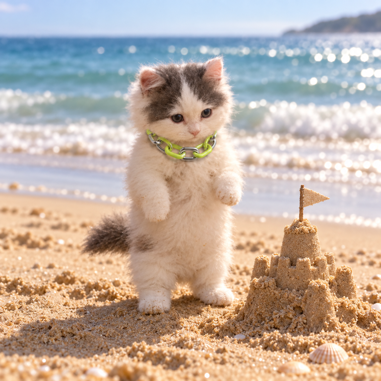 A small gray and white kitten with a mint-green chain at the beach